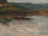 a painting of a man in a boat on the water