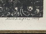 painting of a group of skulls in a gold frame with a black and white background