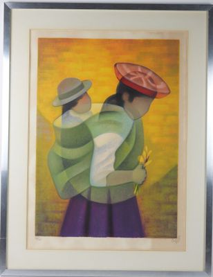 painting of two women with hats and a flower in their hands