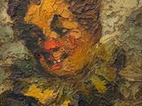 une peinture à l'huile représentant un clown coiffé d'un chapeau vert et doté d'un nez rouge
