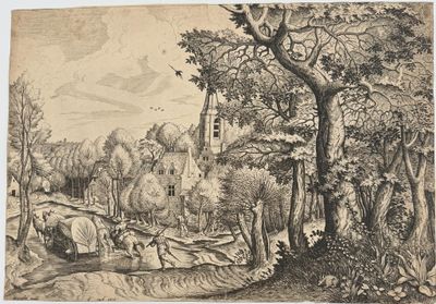 drawing of a wooded landscape with a church in the distance