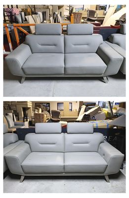 two pictures of a couch and a reclining chair in a warehouse