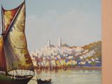 a painting of a sail boat on the water