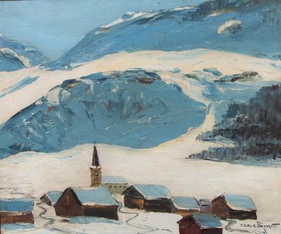 tableau représentant un village sous la neige, avec le clocher d'une église en arrière-plan