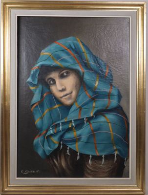 painting of a woman with a blue scarf on her head in a gold frame