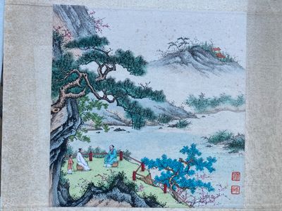 chinese painting of a landscape with a river and mountains in the background