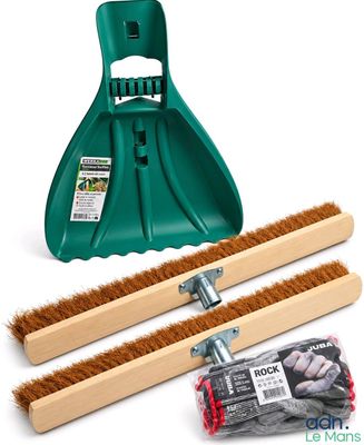 a green broom and brush set with cleaning supplies on a white background