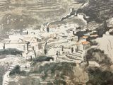 a picture of a painting of a village on a hill