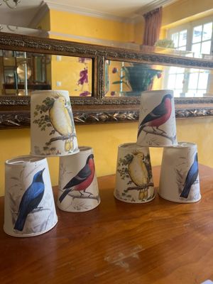 cinq tasses ornées d'oiseaux, posées sur une table