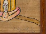 a painting of a man sitting on the ground with a bottle