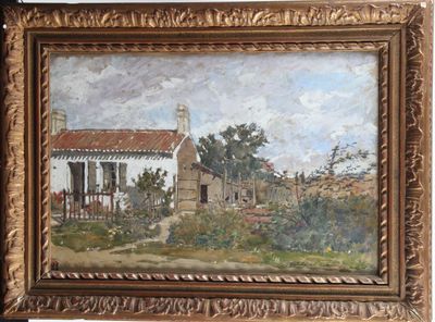 une peinture à l'huile représentant une maison dans un cadre champêtre