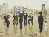 un tableau représentant un groupe d'hommes jouant de la musique ensemble