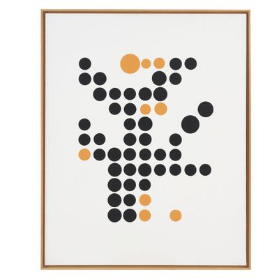 a black and orange abstract painting with circles on a white background