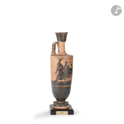 an image of a black and white vase on a wooden base