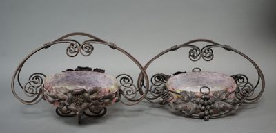 pair of silver plated fruit baskets with grapes and leaves