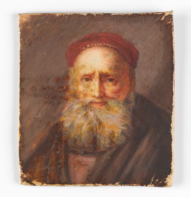 an old painting of a man with a beard and a red hat