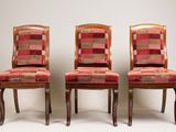 three wooden chairs with red and green checkered upholstered upholstered upholstered upholstered upholstered upholstered upholstered uphol