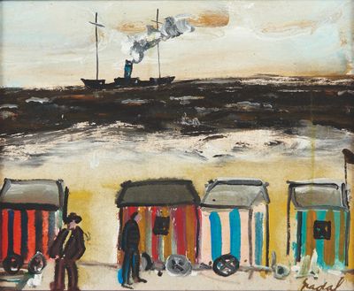 un tableau représentant des personnes debout devant un train