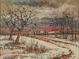 an oil painting of a snowy landscape with trees and a road