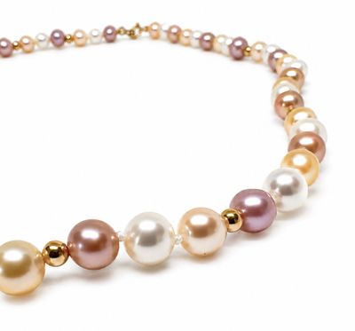 a close up of a necklace with multi colored pearls on a white background