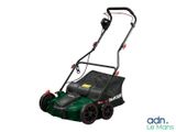a green lawn mower with a black handle and red wheels