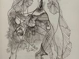 drawing of a woman sitting on a bench with her legs crossed