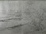 pencil drawing of a landscape with a river and trees in the foreground