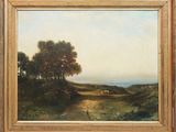 une image représentant un tableau représentant un paysage avec des arbres et des moutons