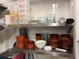 many bowls and bowls on the shelves in the kitchen