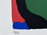 an abstract painting of a green, blue, red and black square