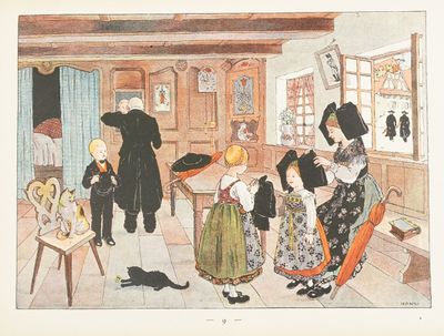 un dessin représentant une famille dans un salon avec un chat