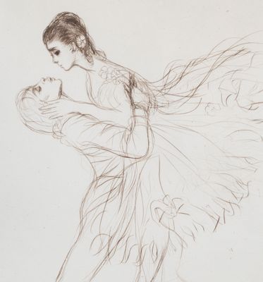 drawing of a woman in a dress holding a baby in her arms