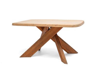 an image of a wooden table with two crossed legs on a white background