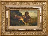 une peinture à l'huile représentant un chien poursuivant un chat dans un champ