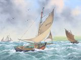 une peinture représentant un voilier en mer, avec d'autres bateaux en arrière-plan