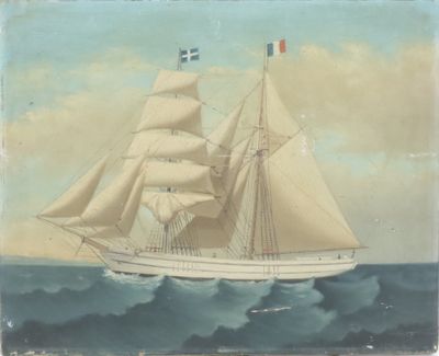 painting of a sailing ship in the ocean with a flag on top of it