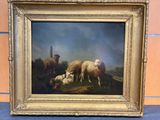 a picture of a painting of sheep and chickens in a field