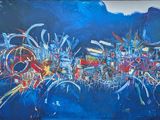 painting of a blue and red abstract painting on a wall