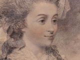 portrait of a woman in a bonnet and dress with a feather on her head
