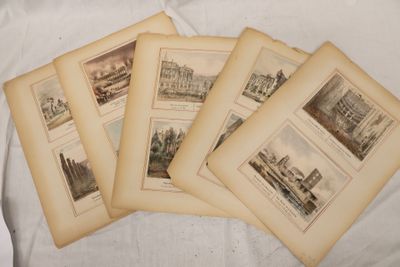 six gravures anciennes de bâtiments et d'édifices sur une feuille de papier