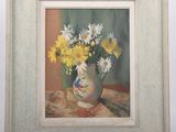 une peinture de fleurs dans un vase sur une table