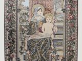 a tapestry with an image of a woman sitting on a chair