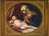 une image d'une peinture représentant une femme tenant un bébé sur ses genoux