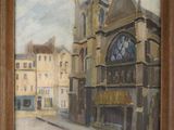 an oil painting of a street scene with a church in the background