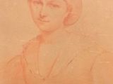 an old drawing of a woman in a red dress