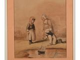 an old painting of a woman and two children playing with a dog