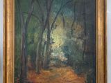 une peinture à l'huile d'un chemin dans une forêt avec des arbres