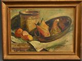 une peinture à l'huile représentant un bol de fruits et un bocal posés sur une table