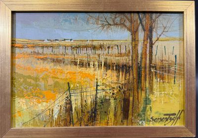 une peinture à l'huile représentant un champ avec une clôture et une vache au loin