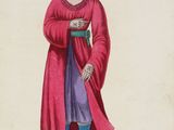 an illustration of a woman in a red coat and purple dress